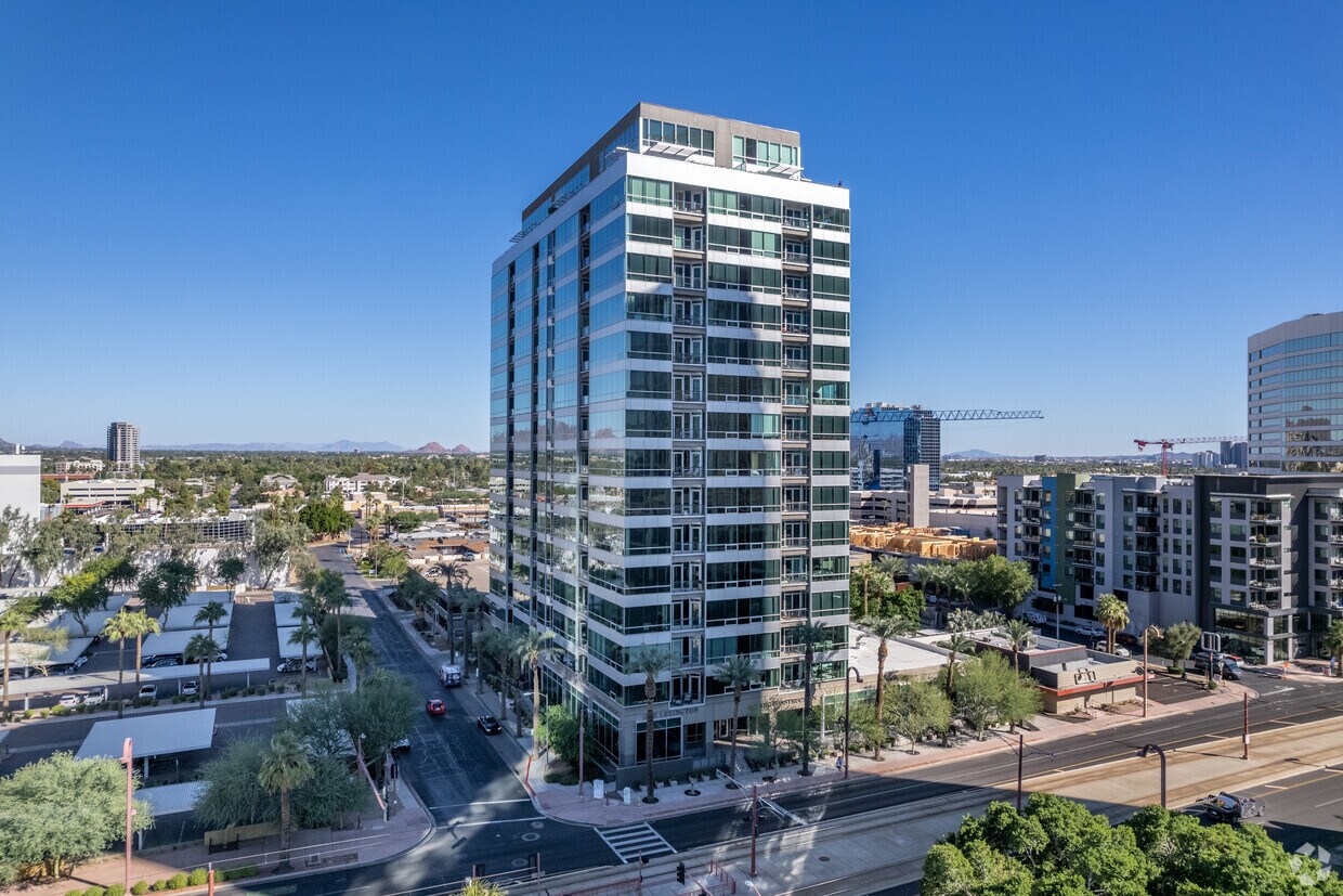 Phoenix high-rise with distinctive modern architecture, photographed in Arizona